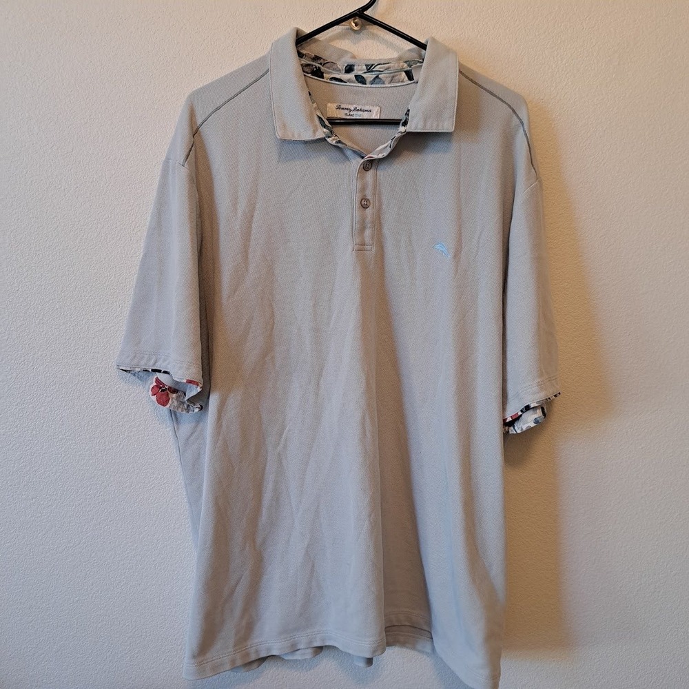 Tommy Bahama IslandZone Mens XXL Gray Pique Polo Shirt Floral Trim Marlin Logo